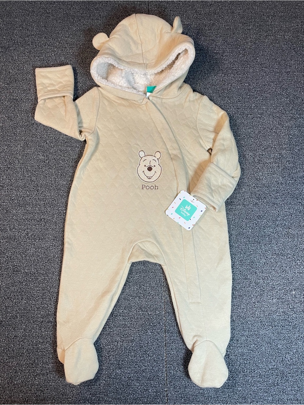 Disney Cream Quilted Pooh Hooded Footed One-Piece
